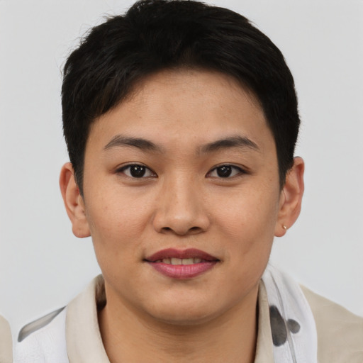 Joyful asian young-adult female with short  brown hair and brown eyes