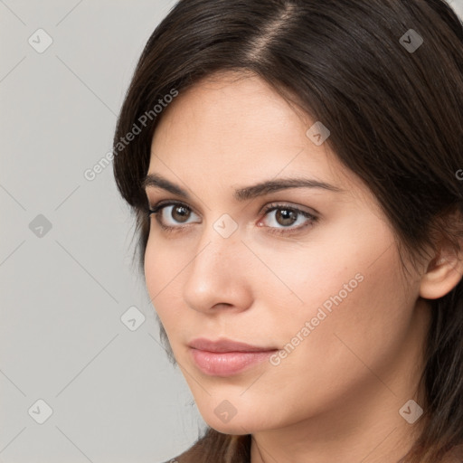 Neutral white young-adult female with medium  brown hair and brown eyes