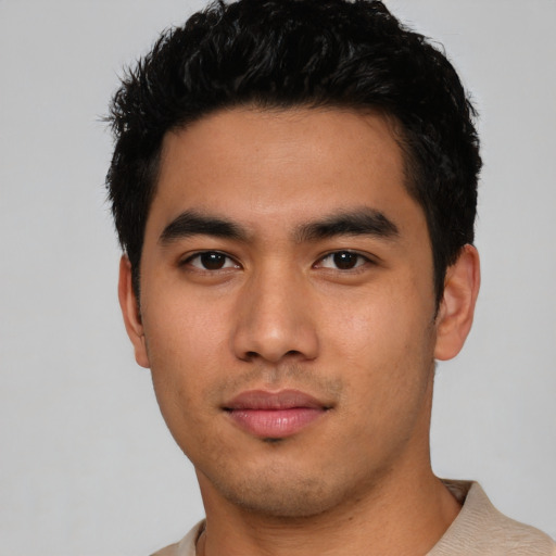 Neutral asian young-adult male with short  black hair and brown eyes