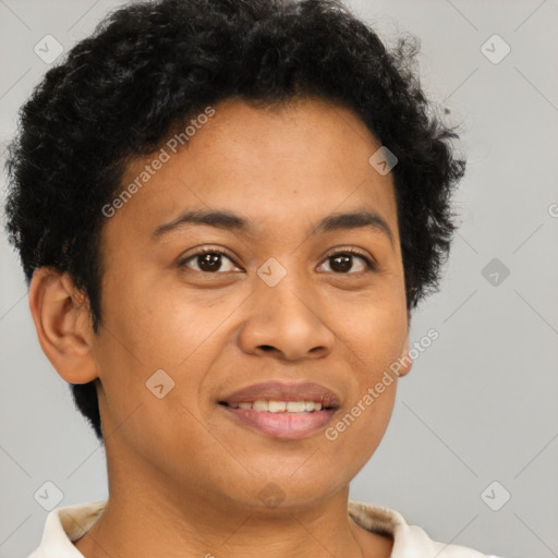 Joyful latino young-adult female with short  brown hair and brown eyes