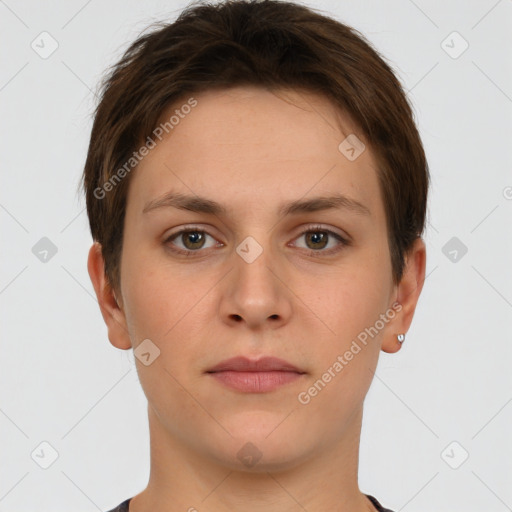 Neutral white young-adult female with short  brown hair and brown eyes