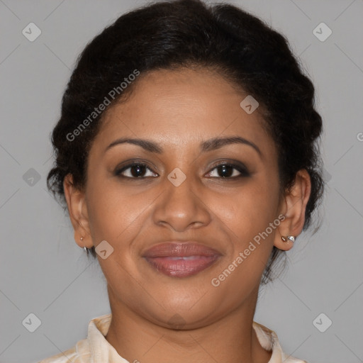 Joyful latino young-adult female with short  brown hair and brown eyes