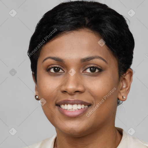 Joyful latino young-adult female with short  black hair and brown eyes