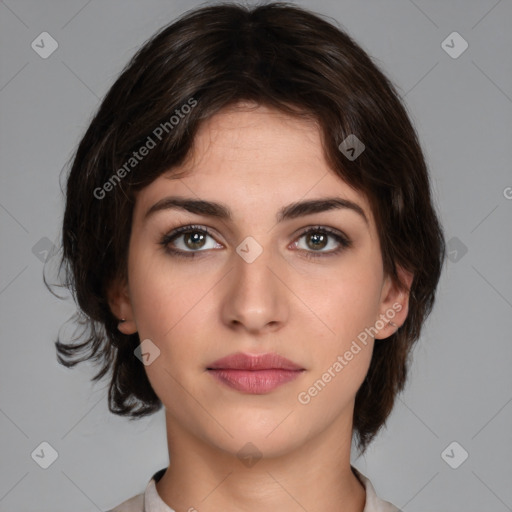 Neutral white young-adult female with medium  brown hair and brown eyes