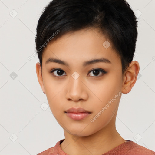 Neutral asian young-adult female with short  black hair and brown eyes