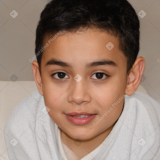 Joyful white child female with short  brown hair and brown eyes