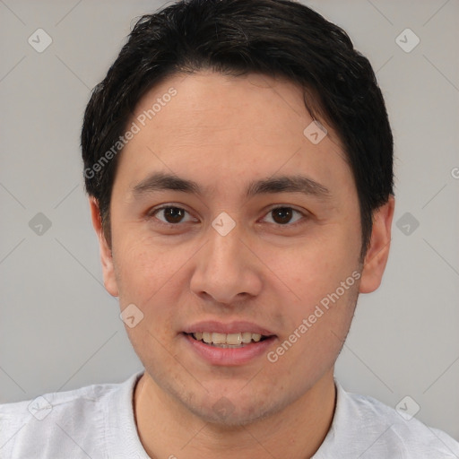 Joyful white young-adult male with short  black hair and brown eyes