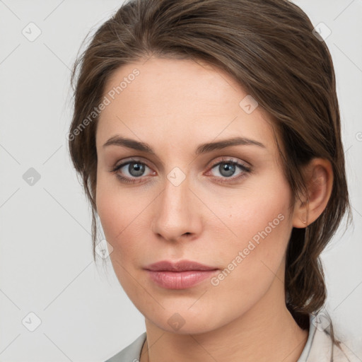 Neutral white young-adult female with medium  brown hair and grey eyes