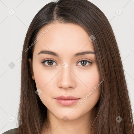 Neutral white young-adult female with long  brown hair and brown eyes