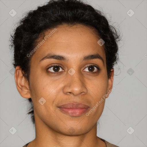 Joyful latino young-adult female with short  brown hair and brown eyes