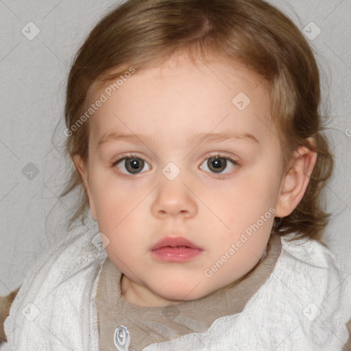 Neutral white child female with medium  brown hair and blue eyes