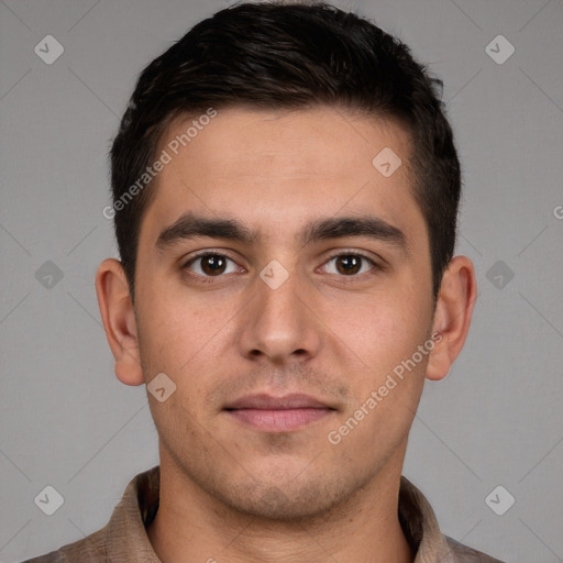 Neutral white young-adult male with short  brown hair and brown eyes