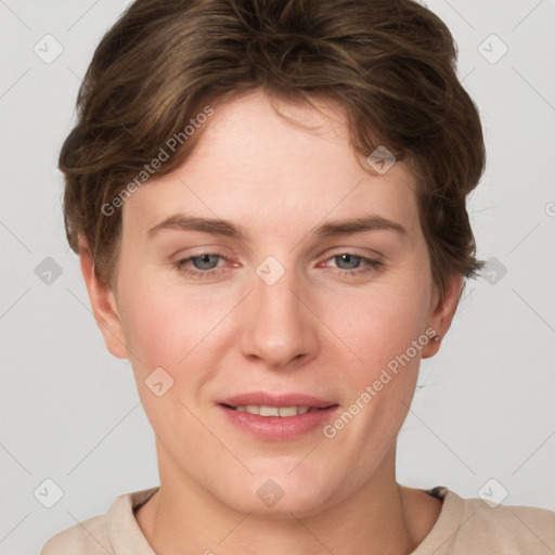 Joyful white young-adult female with short  brown hair and grey eyes