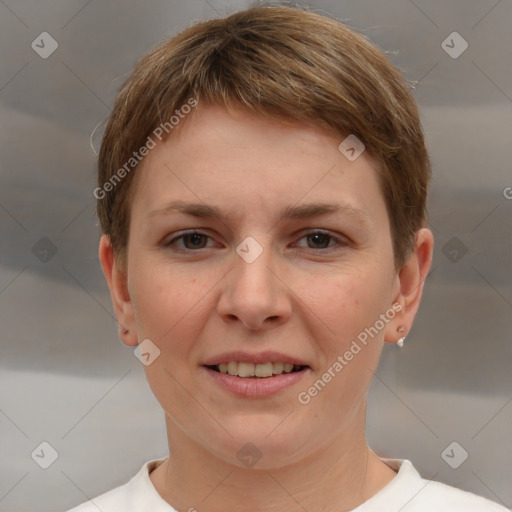 Joyful white young-adult female with short  brown hair and brown eyes