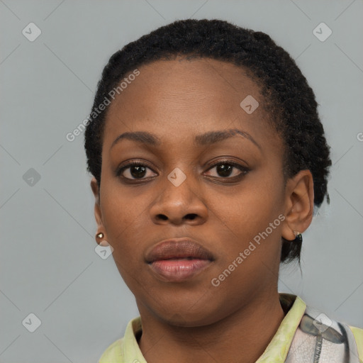 Neutral black young-adult female with short  black hair and brown eyes