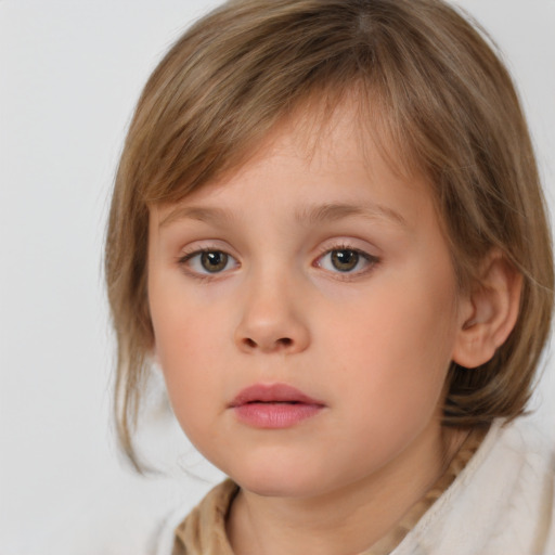 Neutral white child female with medium  brown hair and grey eyes