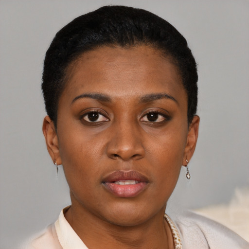 Neutral latino young-adult female with short  brown hair and brown eyes