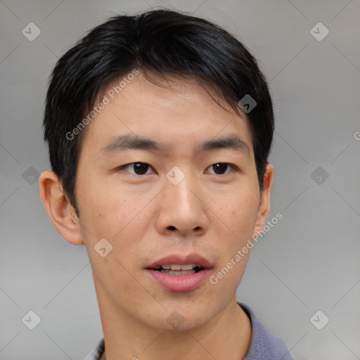 Neutral asian young-adult male with short  brown hair and brown eyes