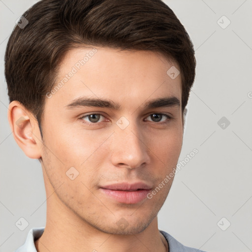 Neutral white young-adult male with short  brown hair and brown eyes