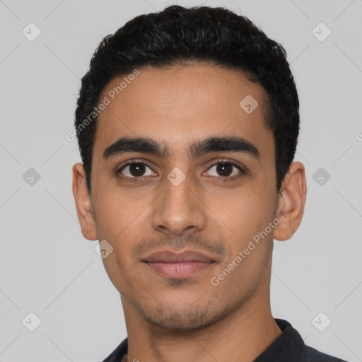 Neutral latino young-adult male with short  black hair and brown eyes
