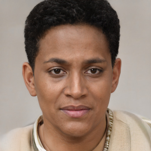 Joyful black young-adult female with short  brown hair and brown eyes