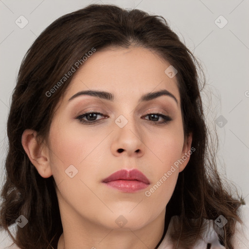 Neutral white young-adult female with medium  brown hair and brown eyes