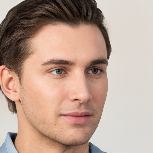 Neutral white young-adult male with short  brown hair and grey eyes