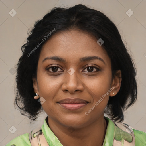 Joyful black young-adult female with medium  brown hair and brown eyes