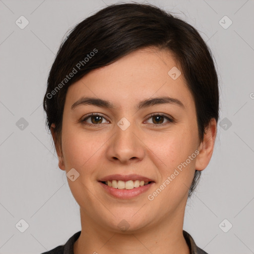 Joyful white young-adult female with medium  brown hair and brown eyes