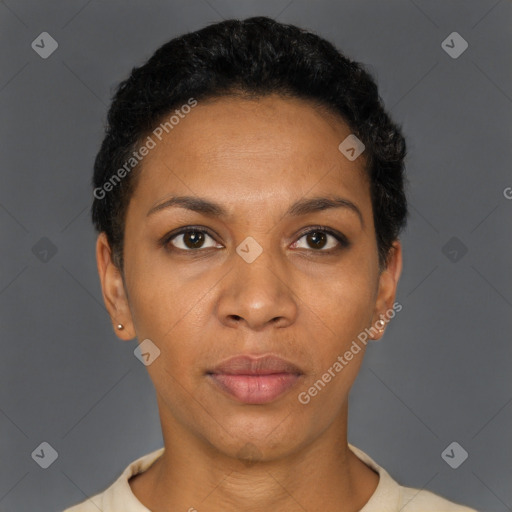 Neutral black young-adult female with short  black hair and brown eyes