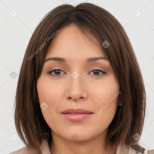 Neutral white young-adult female with medium  brown hair and brown eyes