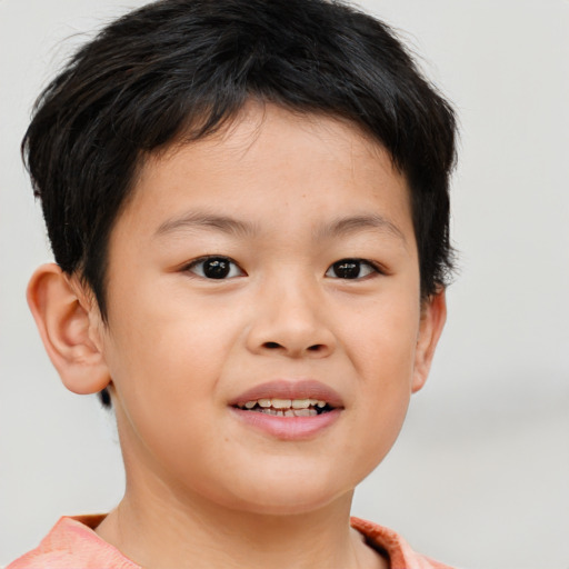 Joyful white child female with short  brown hair and brown eyes