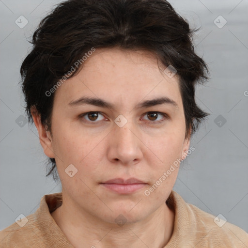 Neutral white young-adult female with medium  brown hair and brown eyes