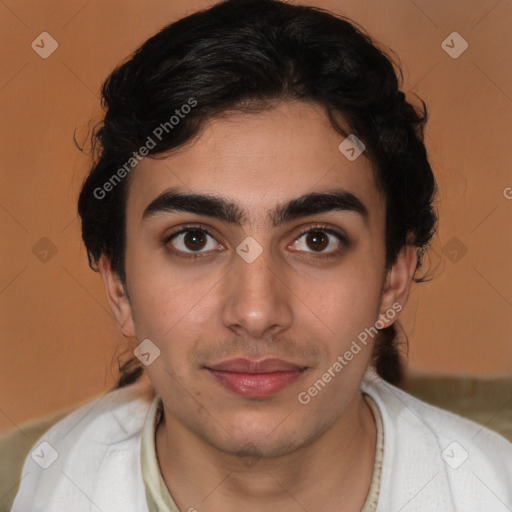 Joyful latino young-adult male with short  brown hair and brown eyes