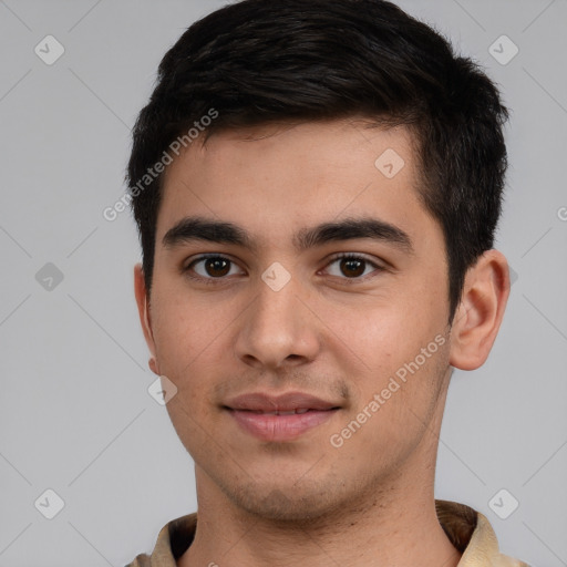 Joyful white young-adult male with short  brown hair and brown eyes