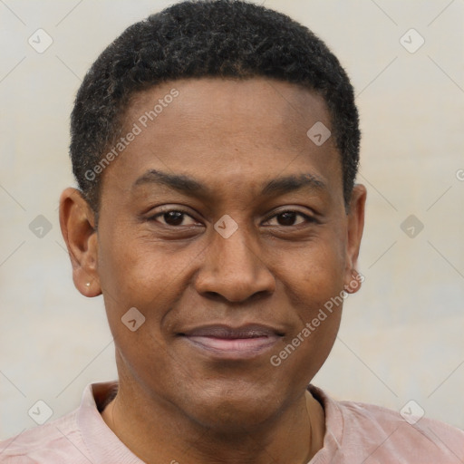 Joyful black young-adult male with short  brown hair and brown eyes