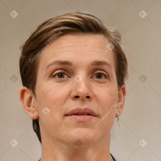 Neutral white adult female with short  brown hair and brown eyes