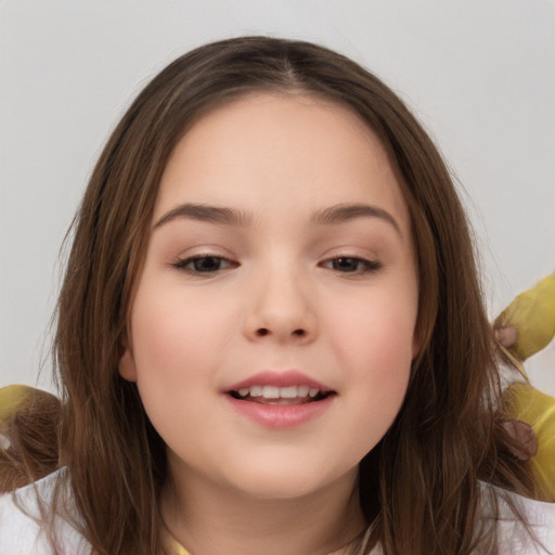 Joyful white child female with medium  brown hair and brown eyes