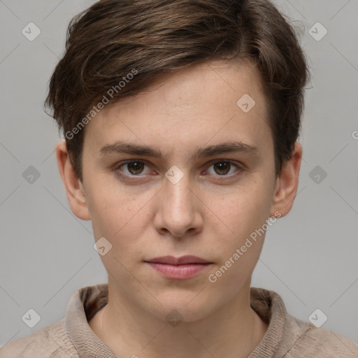 Neutral white young-adult male with short  brown hair and grey eyes