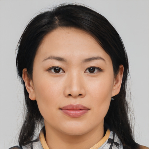 Neutral asian young-adult female with medium  black hair and brown eyes