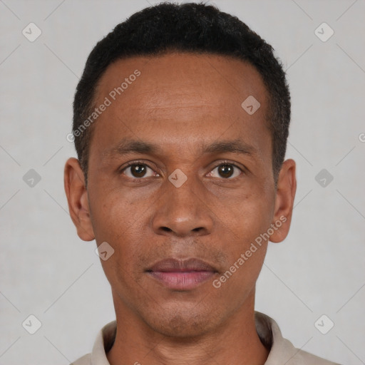 Neutral black adult male with short  black hair and brown eyes