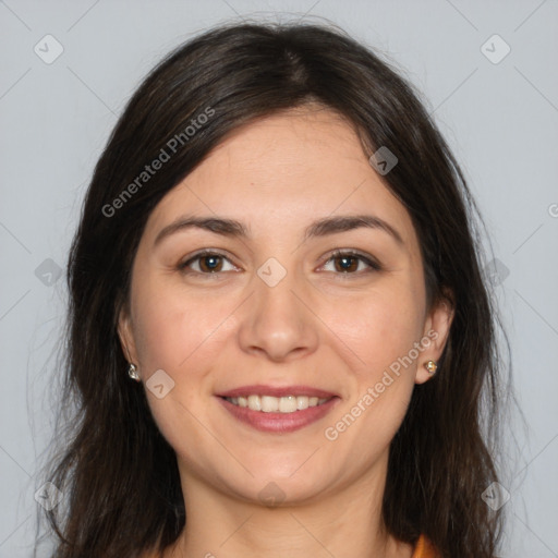 Joyful white young-adult female with long  brown hair and brown eyes