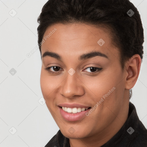 Joyful white young-adult female with short  brown hair and brown eyes