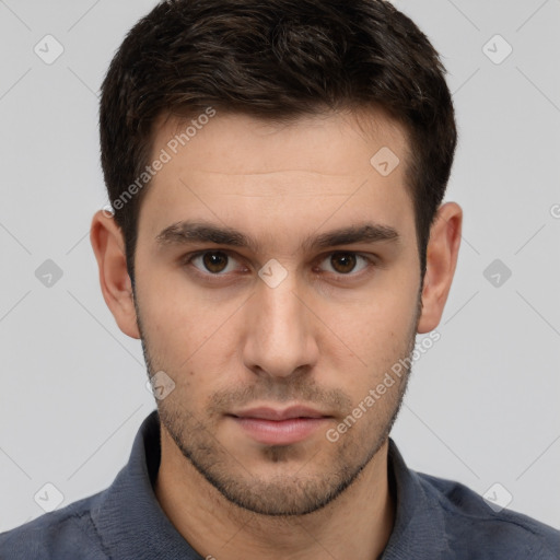 Neutral white young-adult male with short  brown hair and brown eyes