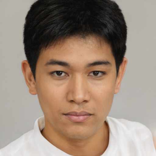 Neutral asian young-adult male with short  brown hair and brown eyes