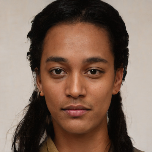 Neutral latino young-adult female with long  black hair and brown eyes