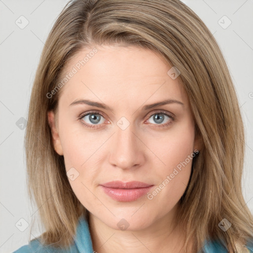 Joyful white young-adult female with medium  brown hair and blue eyes