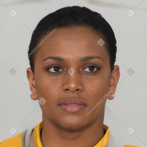 Neutral black young-adult female with short  brown hair and brown eyes