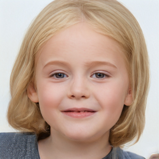 Joyful white child female with medium  brown hair and blue eyes