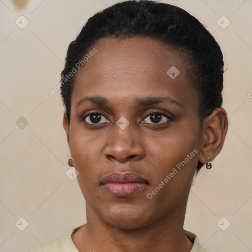 Neutral black young-adult female with short  black hair and brown eyes